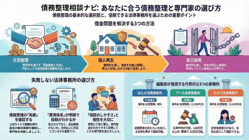債務整理のおすすめ法律事務所30社を任意整理・個人再生・自己破産の違いと選び方で比較した図解