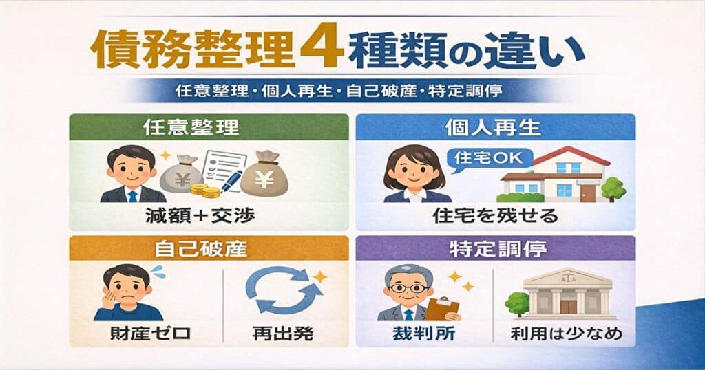 債務整理の4種類（任意整理・個人再生・自己破産・特定調停）の違いを解説