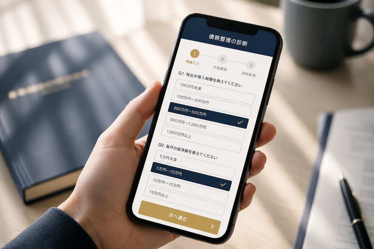 債務整理の診断ツールをスマートフォンで操作する画面