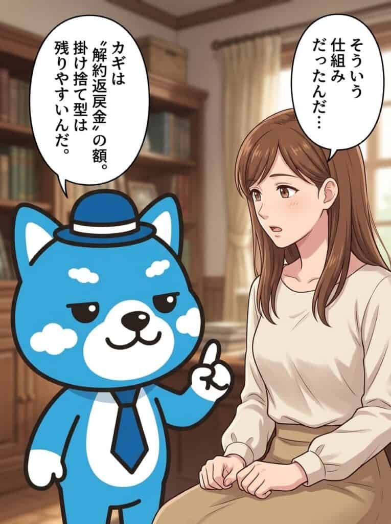 あおちゃんが「カギは解約返戻金の額で、掛け捨て型は残りやすい」と解説し、女性が仕組みを理解する、自己破産で生命保険を残せる基準を示した漫画