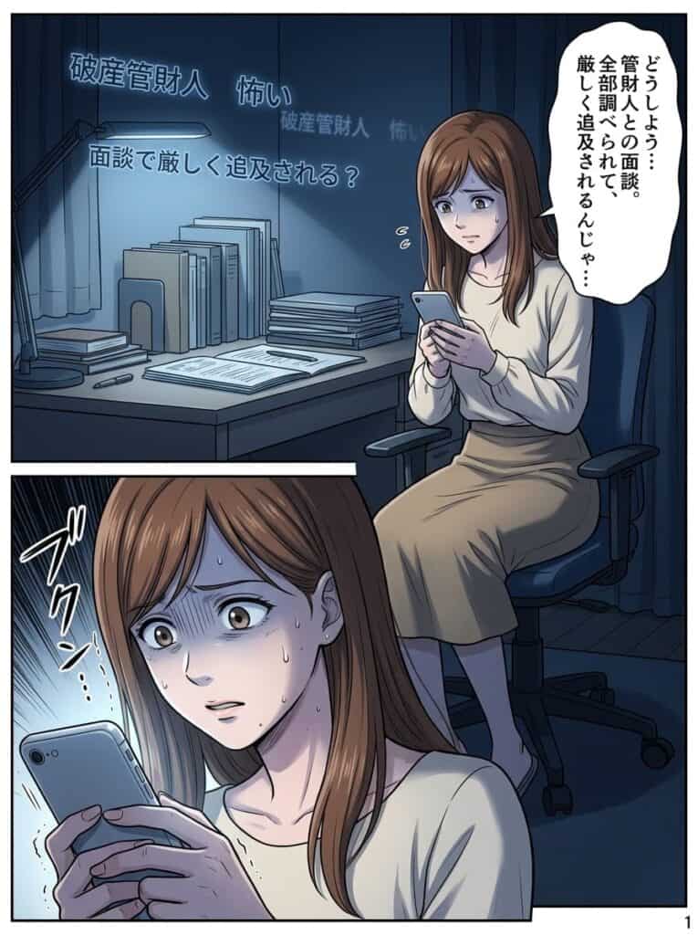夜の部屋でスマートフォンを見ながら、破産管財人との面談を不安に思う女性のイラスト。