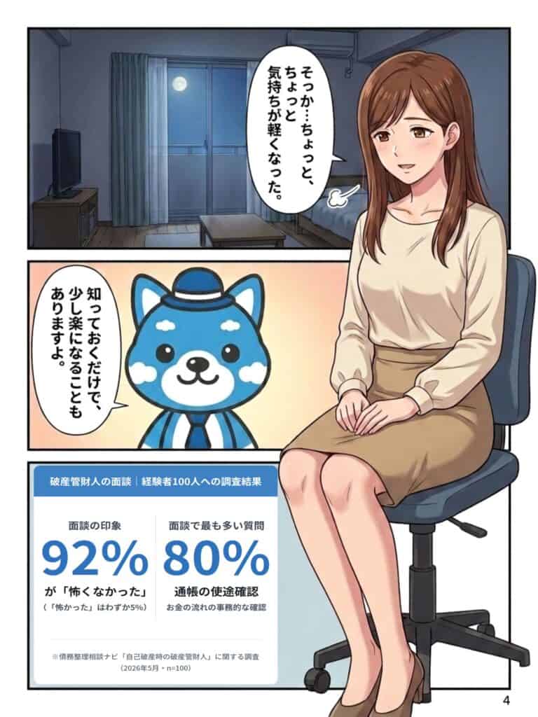 「気持ちが軽くなった」と話す女性と、調査結果のまとめ。92%が「怖くなかった」、最も多い質問は通帳の使途確認80%。