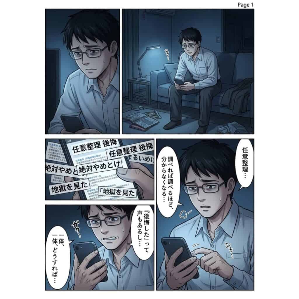夜の暗い部屋で男性がスマートフォンを操作し、「任意整理 後悔」と検索している。「絶対やめとけ」「地獄を見た」など賛否の分かれる口コミが並び、調べるほど判断できず悩んでいる様子。